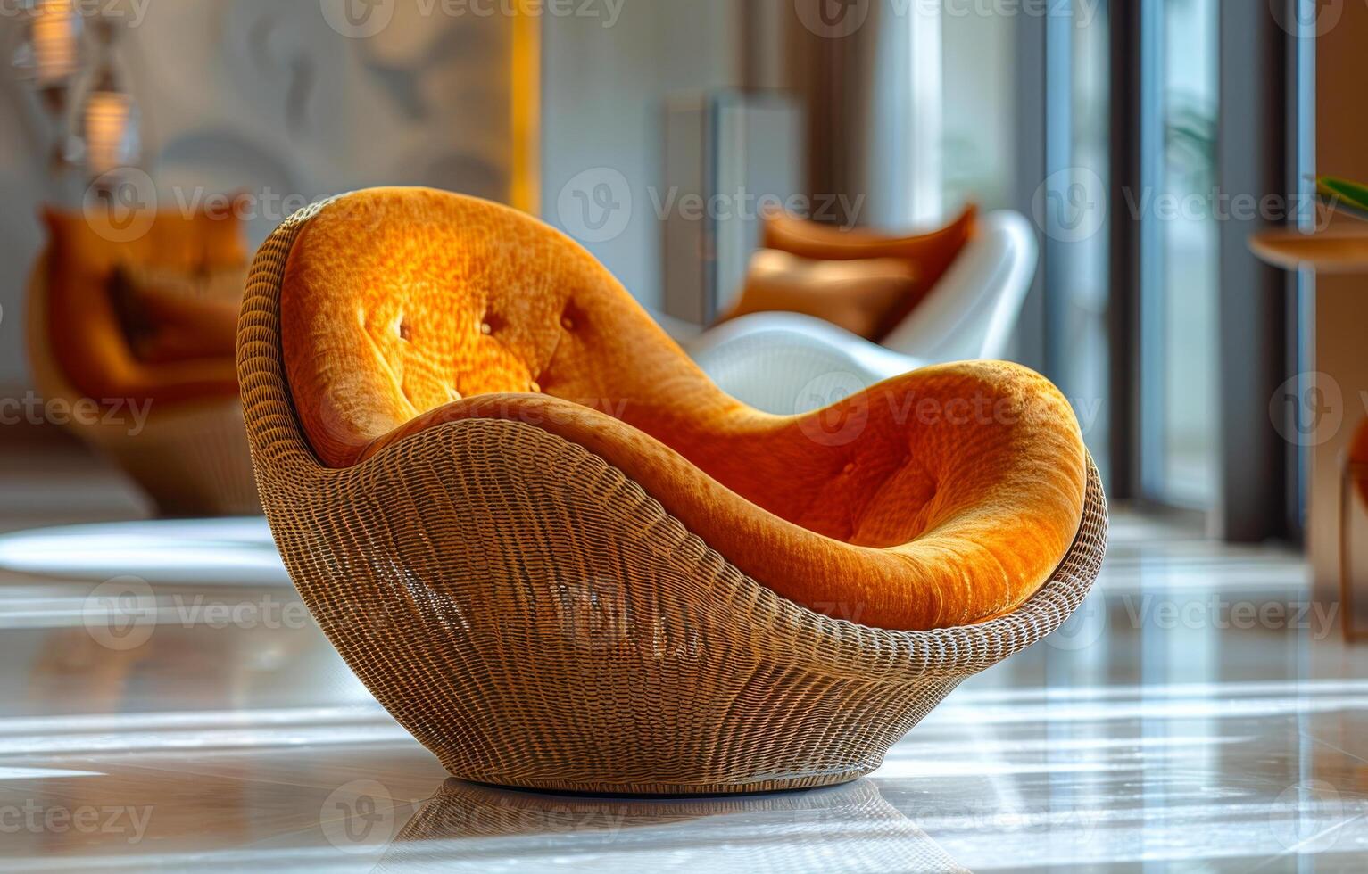 A large orange chair with a wicker frame sits in a room with a lot of windows. The chair is the main focus of the image, and it is a comfortable and inviting piece of furniture photo