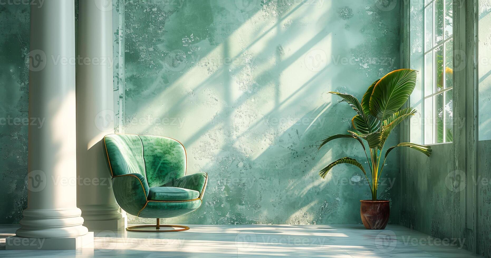 A green chair sits in front of a window with a potted plant. The chair and plant create a sense of calm and relaxation photo