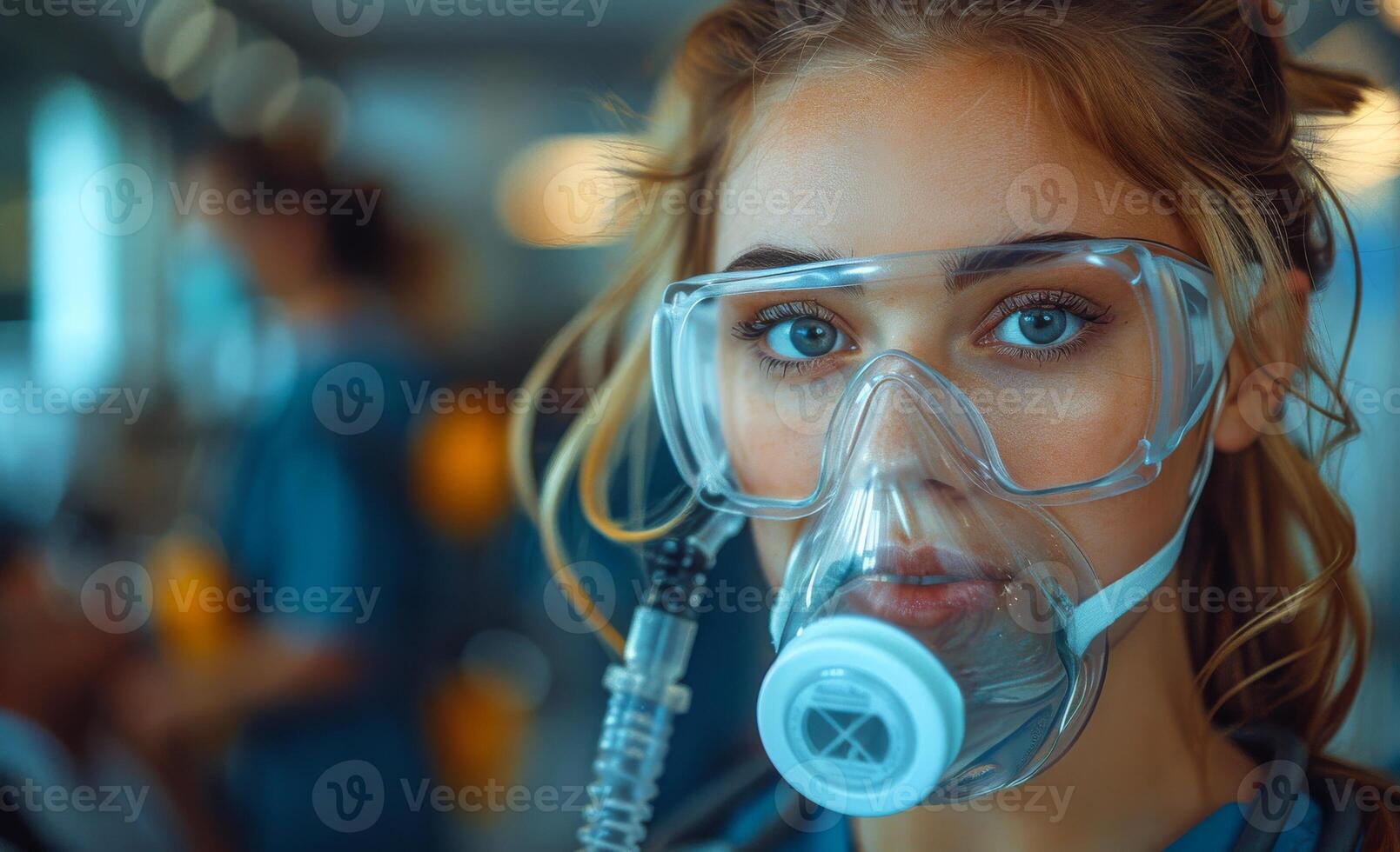 A woman wearing a mask and goggles is looking at the camera photo