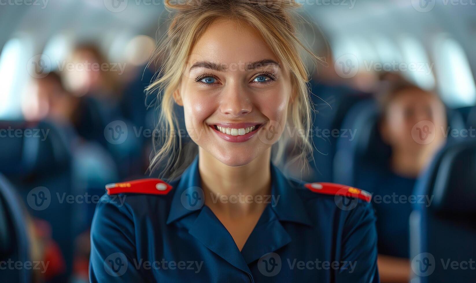Smiling Flight Attendant On Airplane. A flight attendant smiles warmly at the camera while seated on an airplane. photo