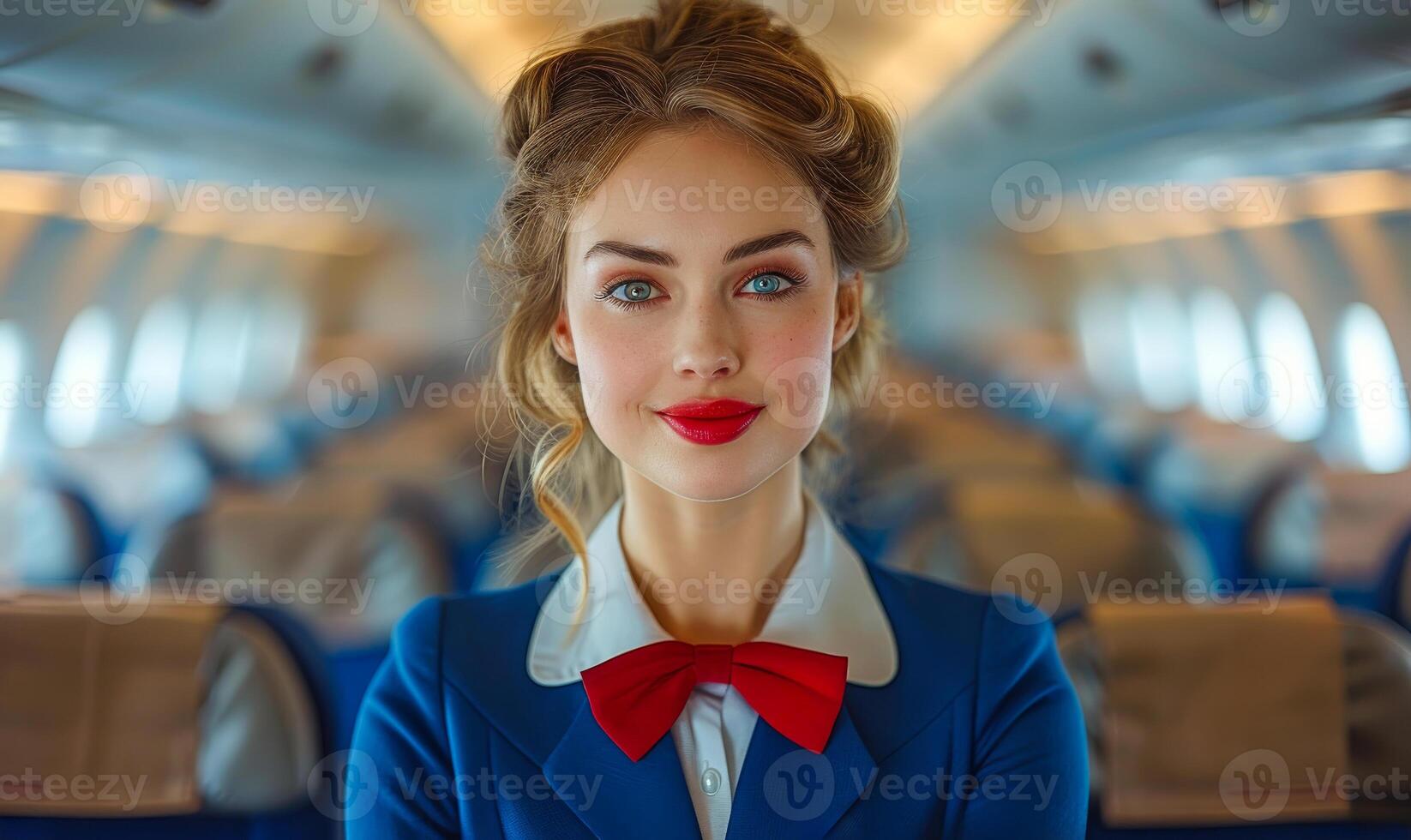 Flight Attendant Smiling In Airplane Cabin photo
