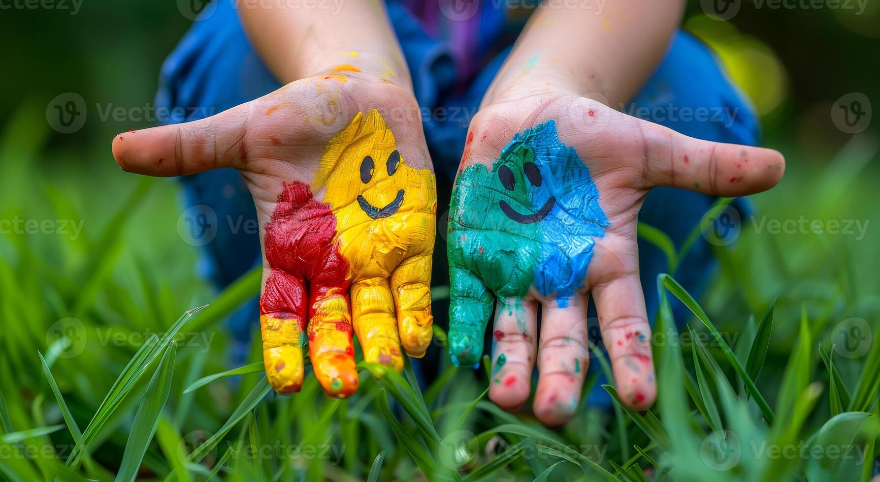 Childs Hands Painted With Smiley Faces. A close-up of a childs hands painted with colorful smiley faces. photo