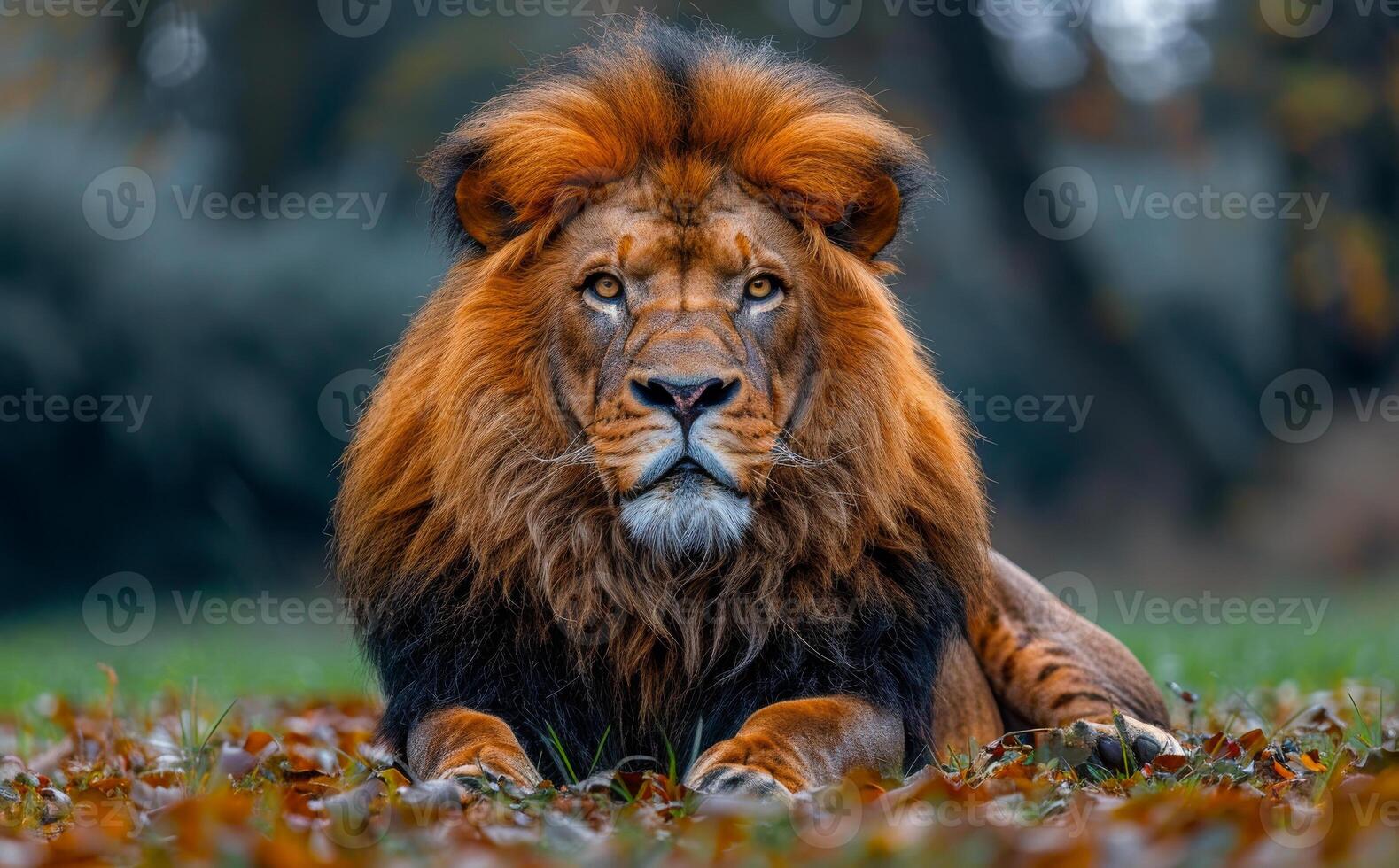 Lion Resting in Autumn Leaves. A majestic lion rests on a rock in a zoo enclosure. photo
