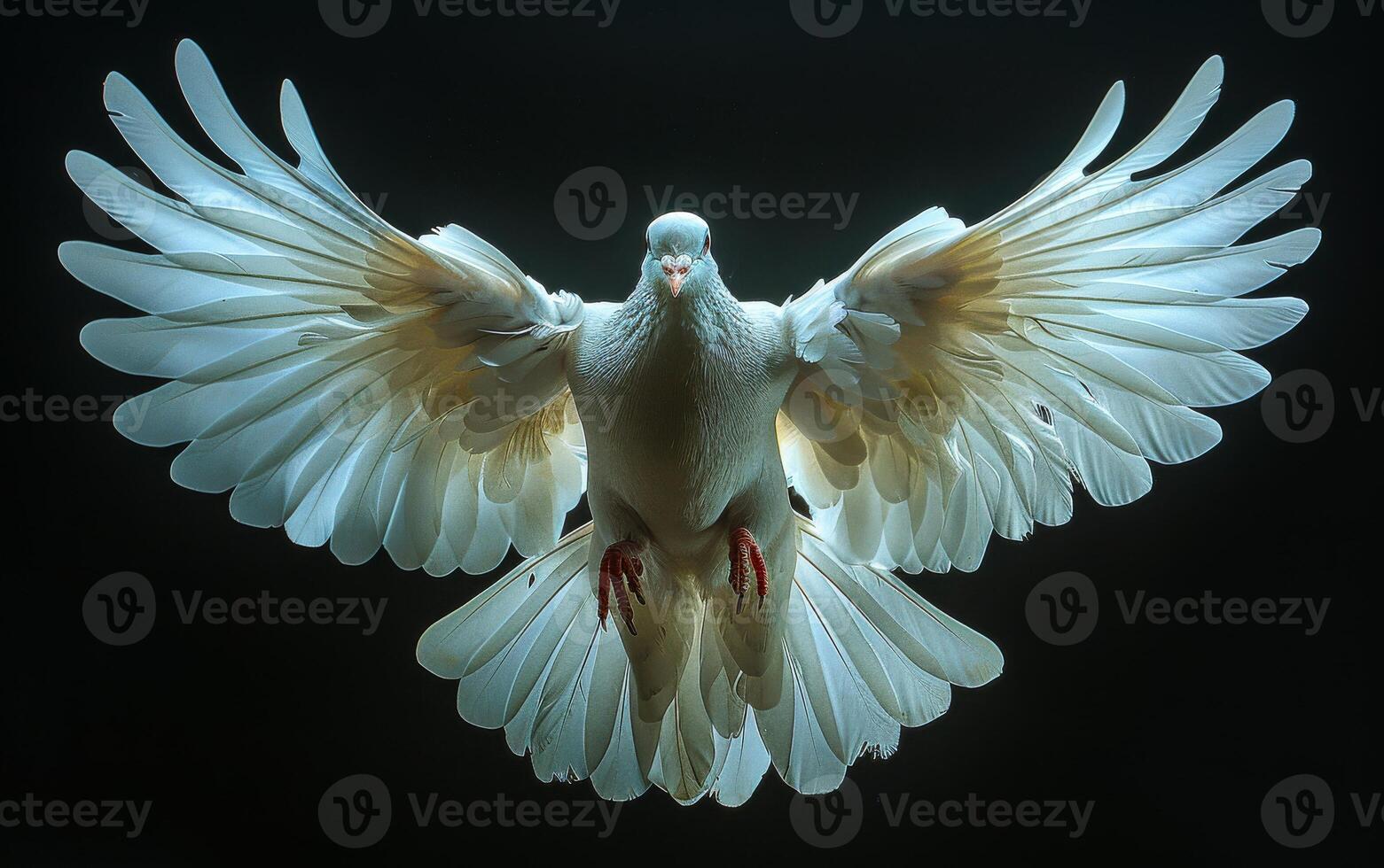 White dove. A white pigeon with open wings symbol of peace on black background photo
