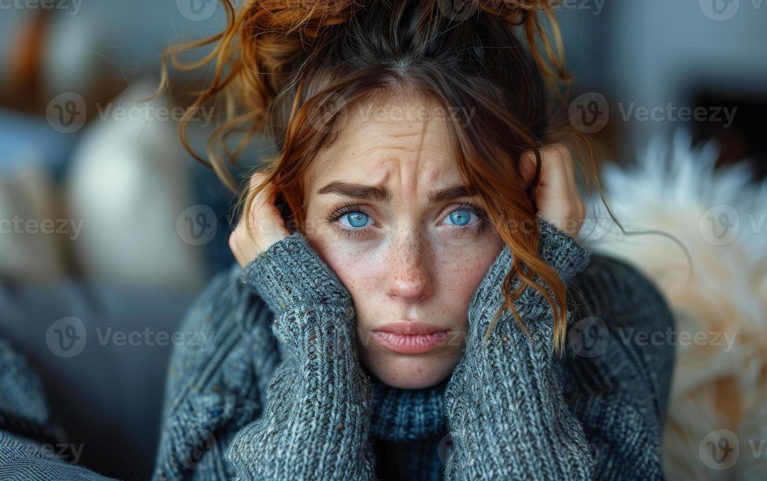 Woman With Blue Eyes Sitting Indoors photo