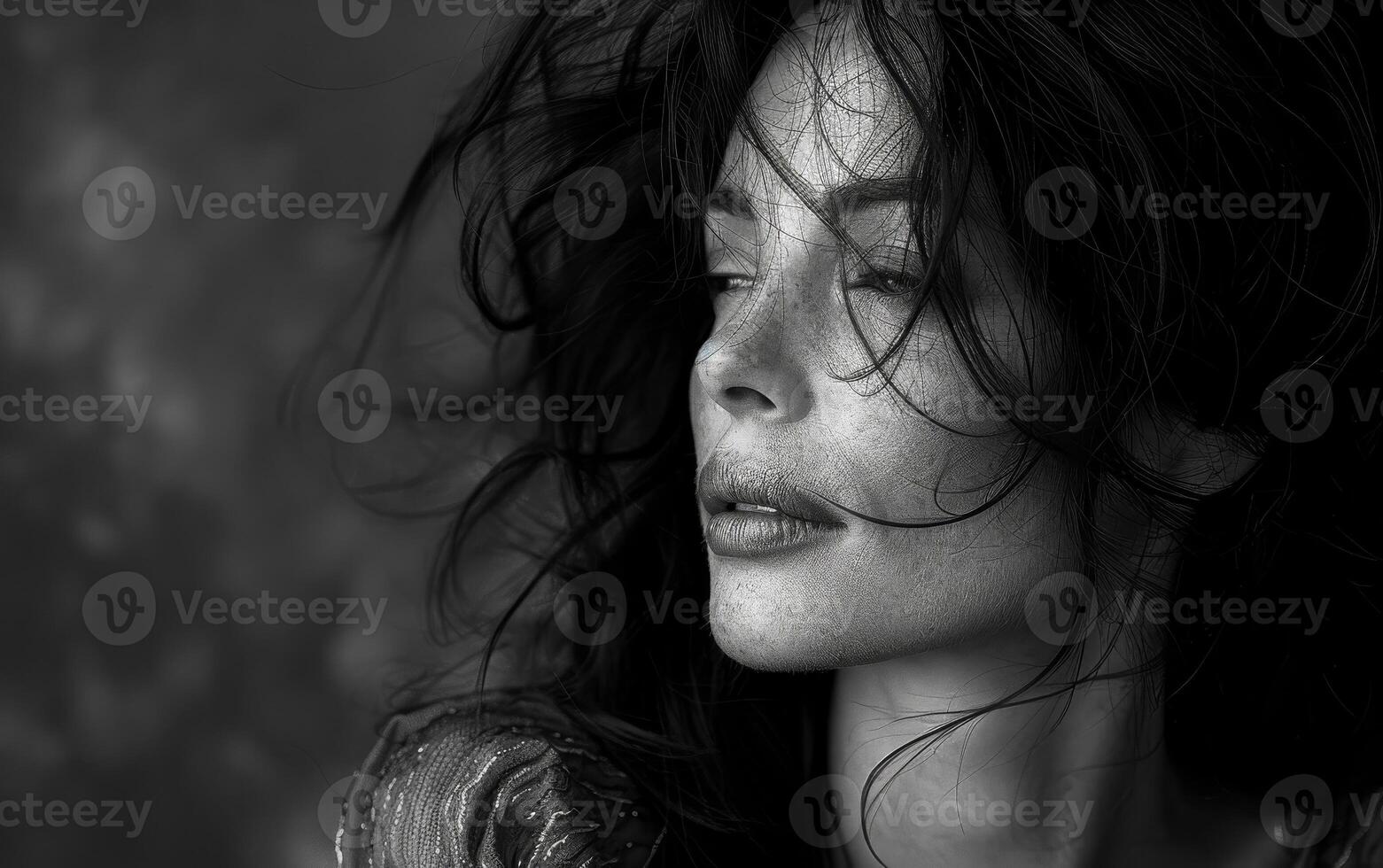 Woman With Windblown Hair in Black and White photo