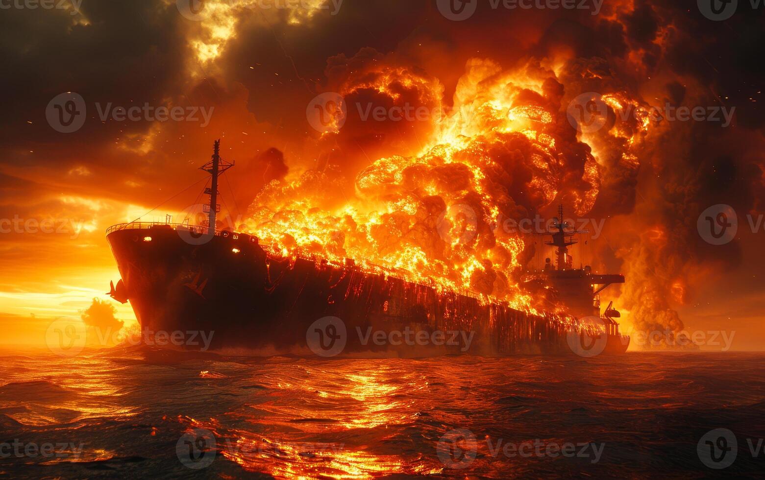 Large tanker ship is in the ocean at sunset with huge flames and huge plume of smoke. The ship in fire photo