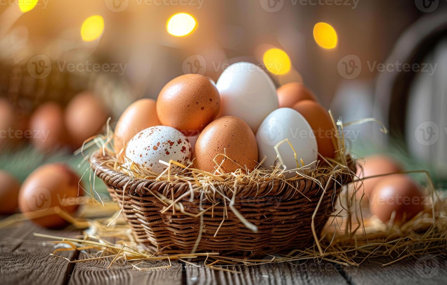 Brown and White Eggs in Wicker Basket photo