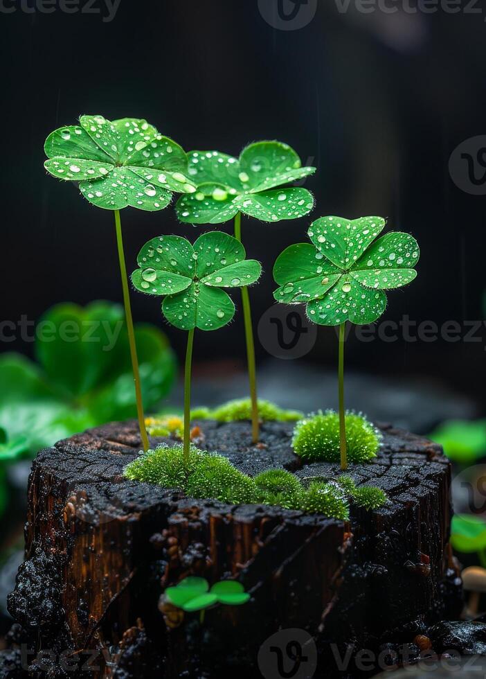 Lucky clover growing on the stump with water drop. Three clover leaves growing on the wooden stump photo