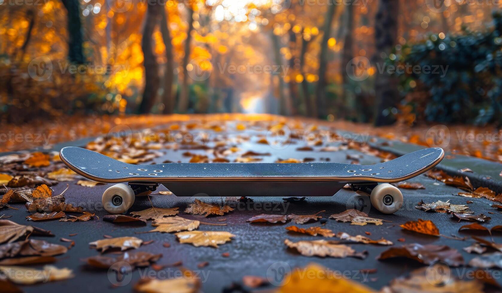 Skateboard on Fall Path. A skateboard lies on a path covered in autumn leaves. The background is a blurred image of trees with vibrant fall foliage. photo