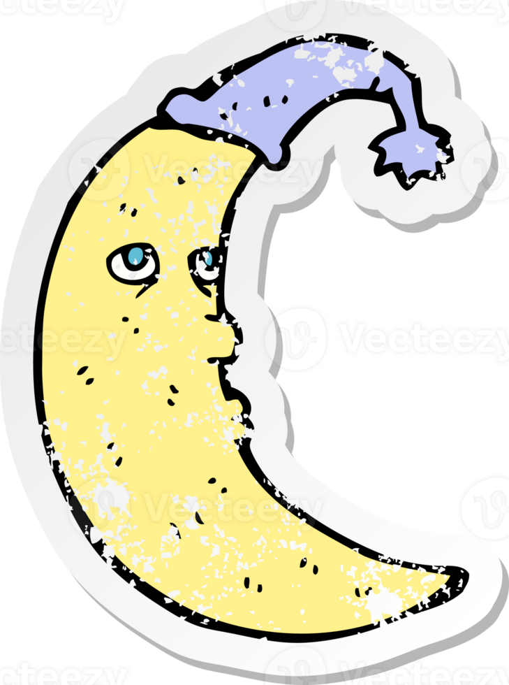 retro distressed sticker of a sleepy moon cartoon drawing png
