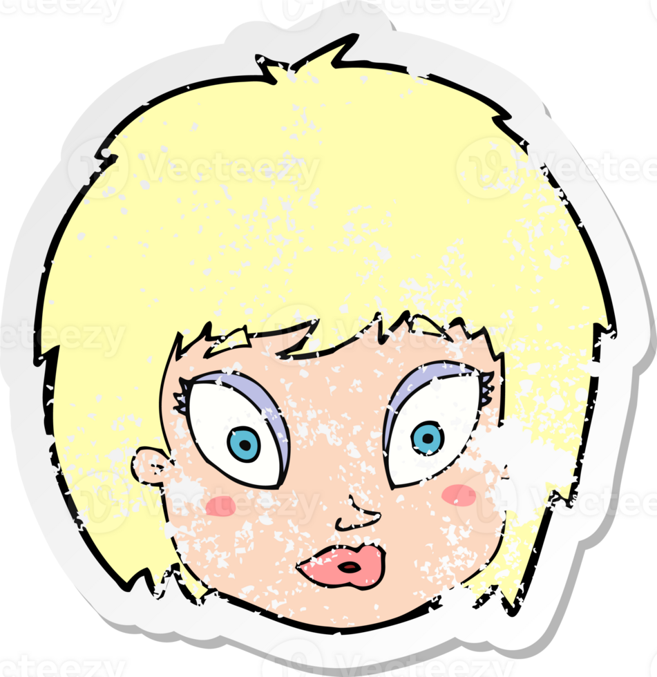 retro distressed sticker of a cartoon surprised female face drawing png