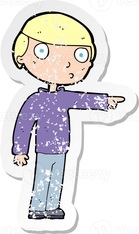 retro distressed sticker of a cartoon man pointing drawing png