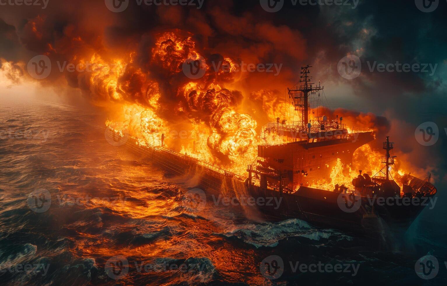 Large tanker is on fire in the sea at night. The ship in fire photo