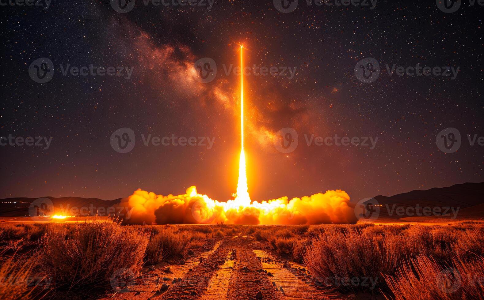 Rocket launches into the sky with trail of fire photo