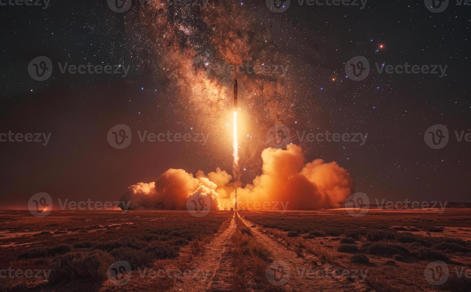 Rocket launching into space and milky way on the background photo
