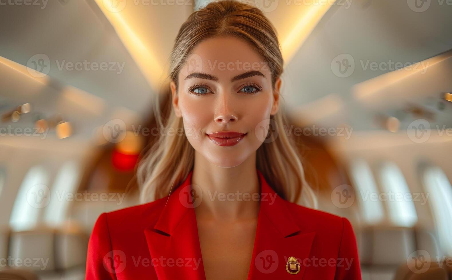 Beautiful young air hostess in red uniform is looking at camera while standing in the airplane photo