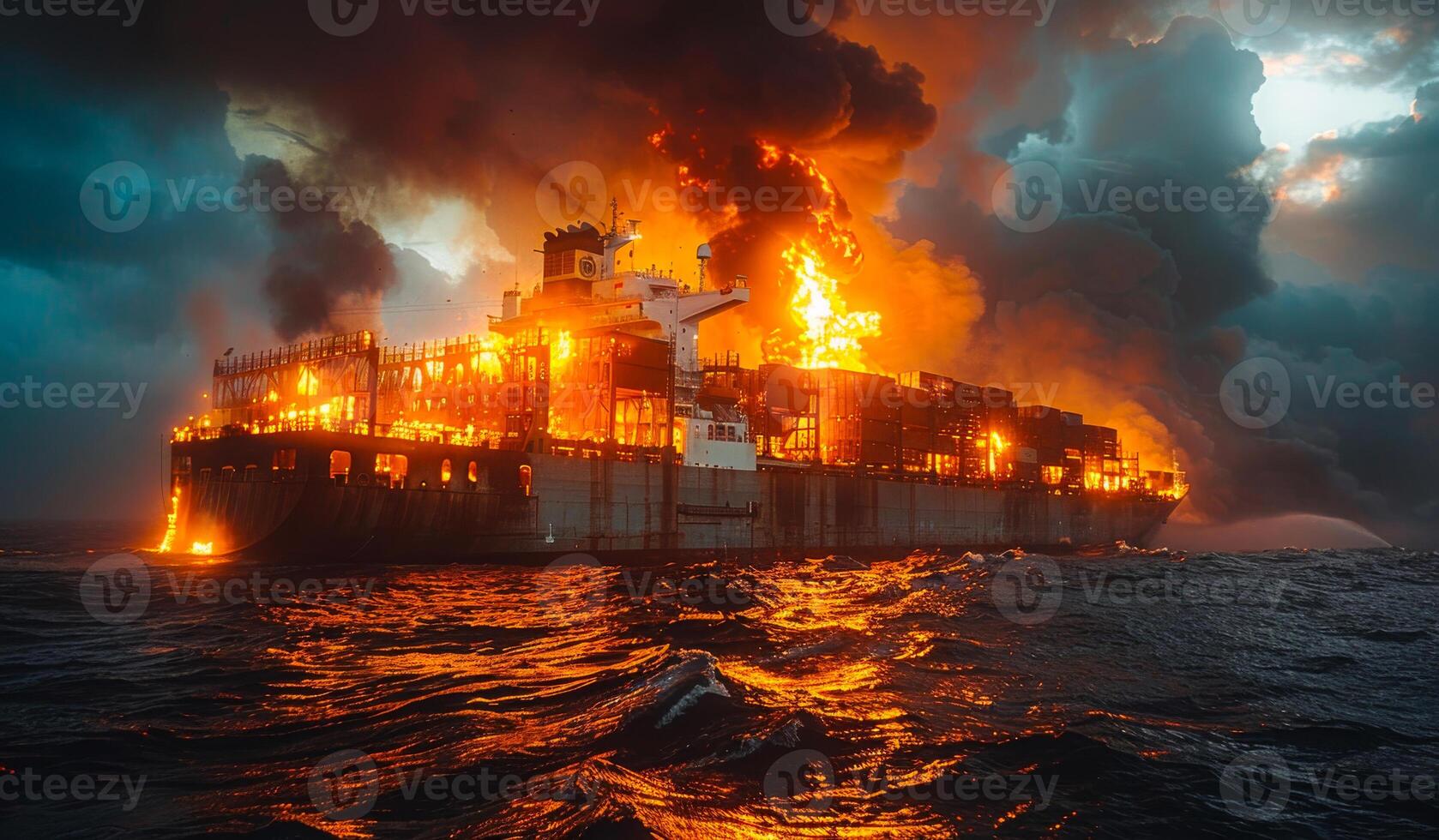 Large cargo ship is burning at sea. The ship in fire photo