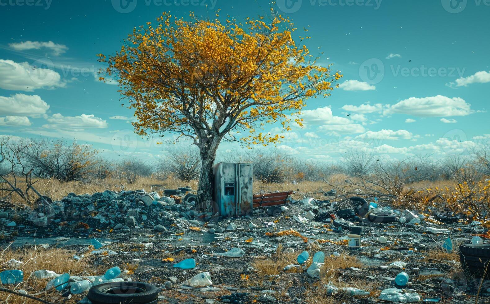 Tree grows in the middle of garbage dump. Abandoned car and rusty barrel. photo