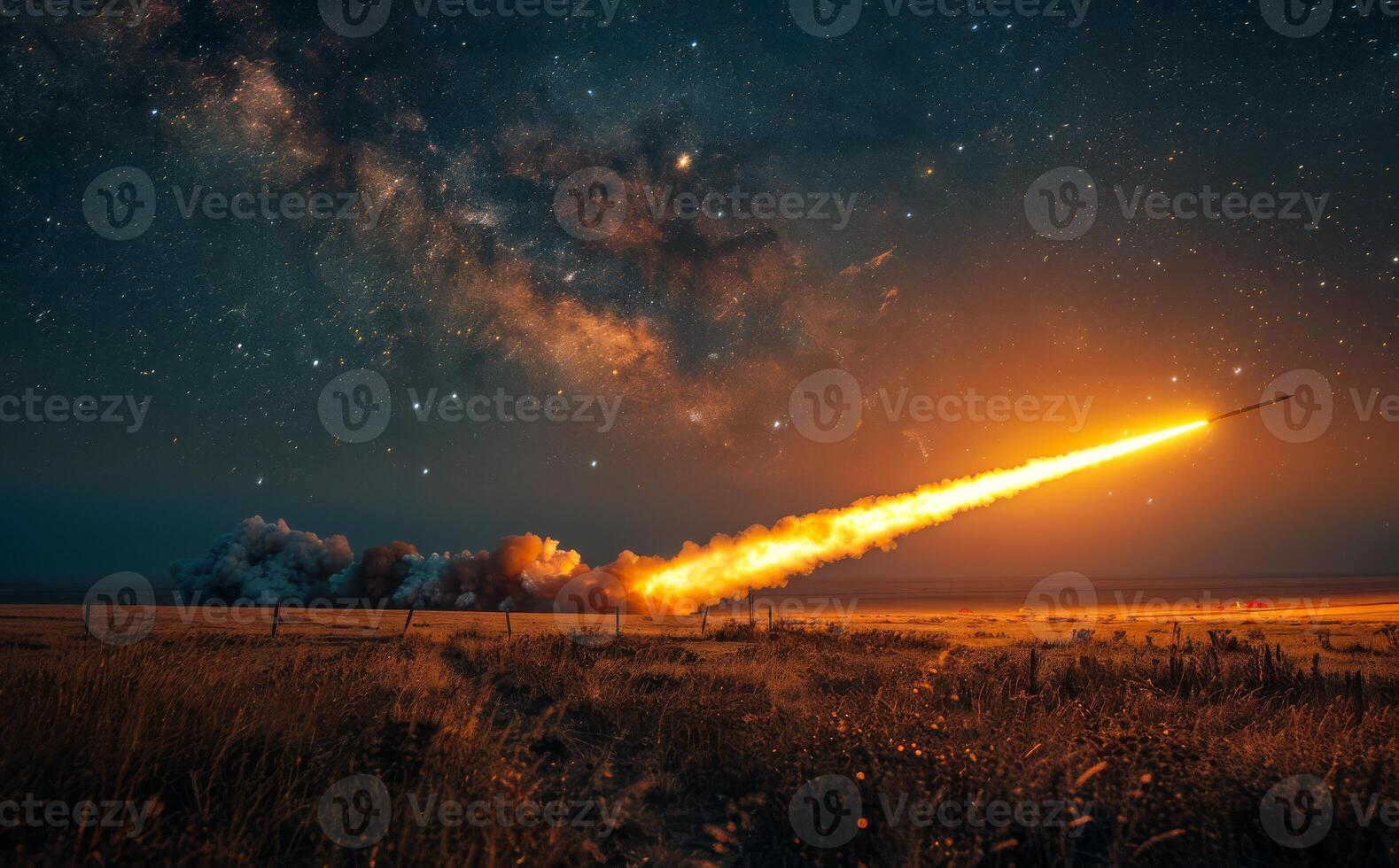 Surface-to-air missile launches in the sky. Nighttime operation of a missile launcher photo