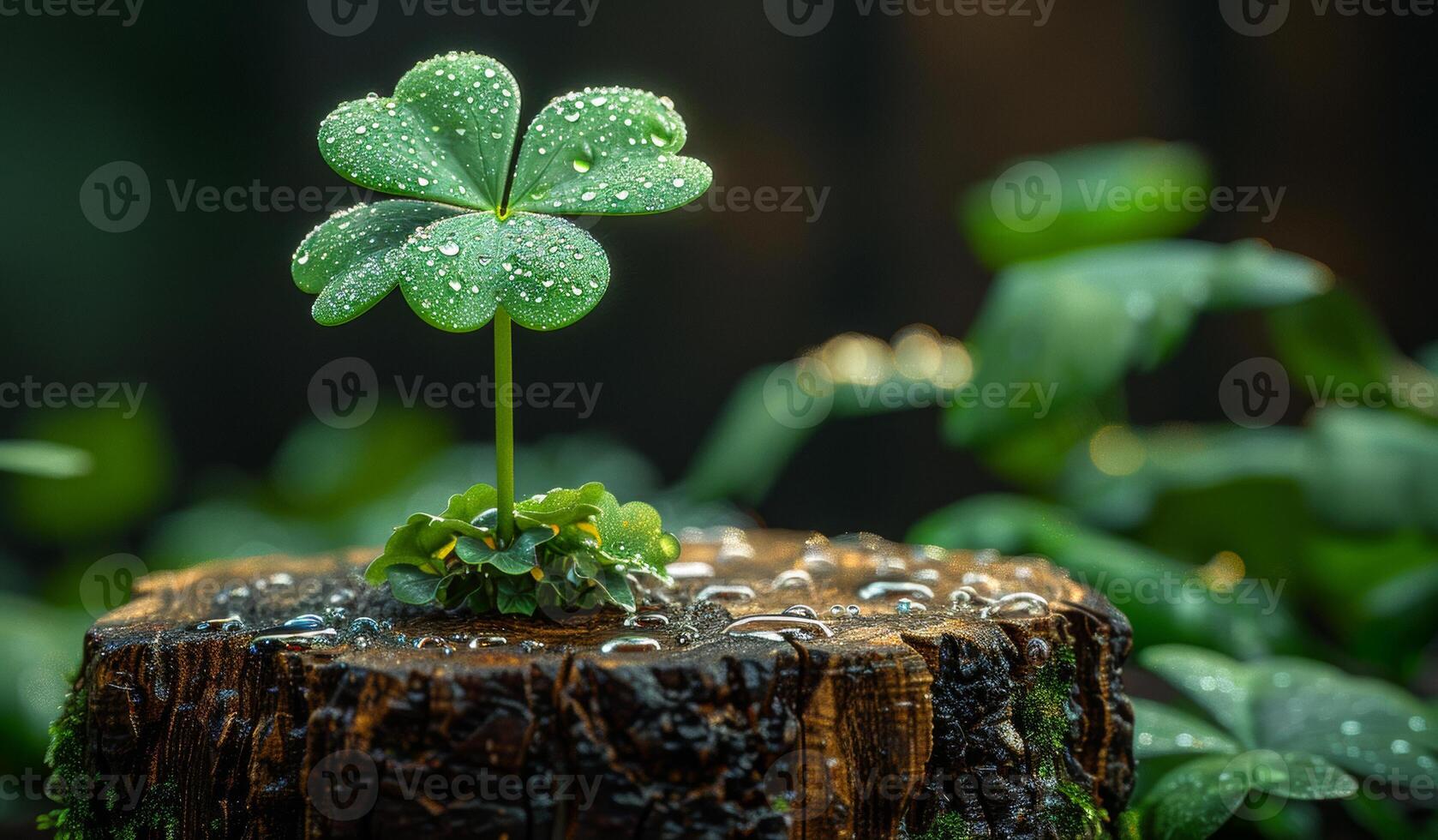 Small tree is growing on the stump after raining with water drop lucky and good luck concept photo