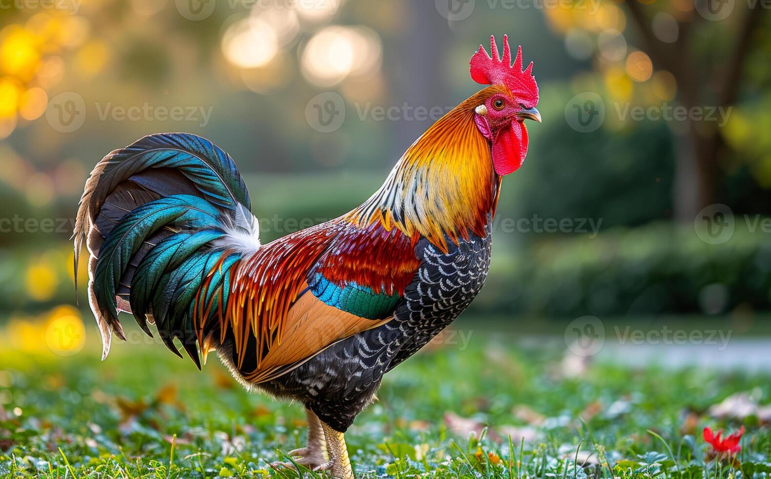 Beautiful rooster is standing on the grass in the morning photo
