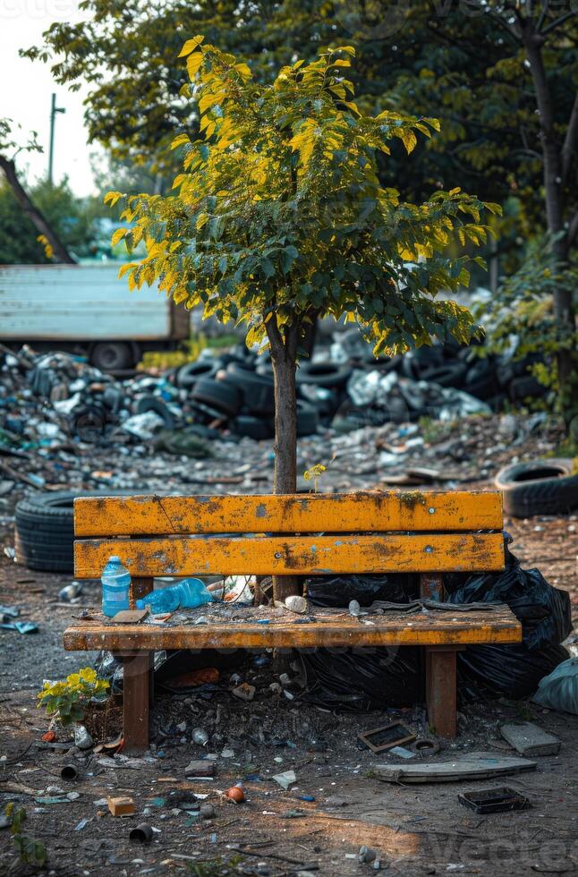 Yellow bench and tree in the middle of garbage dump photo