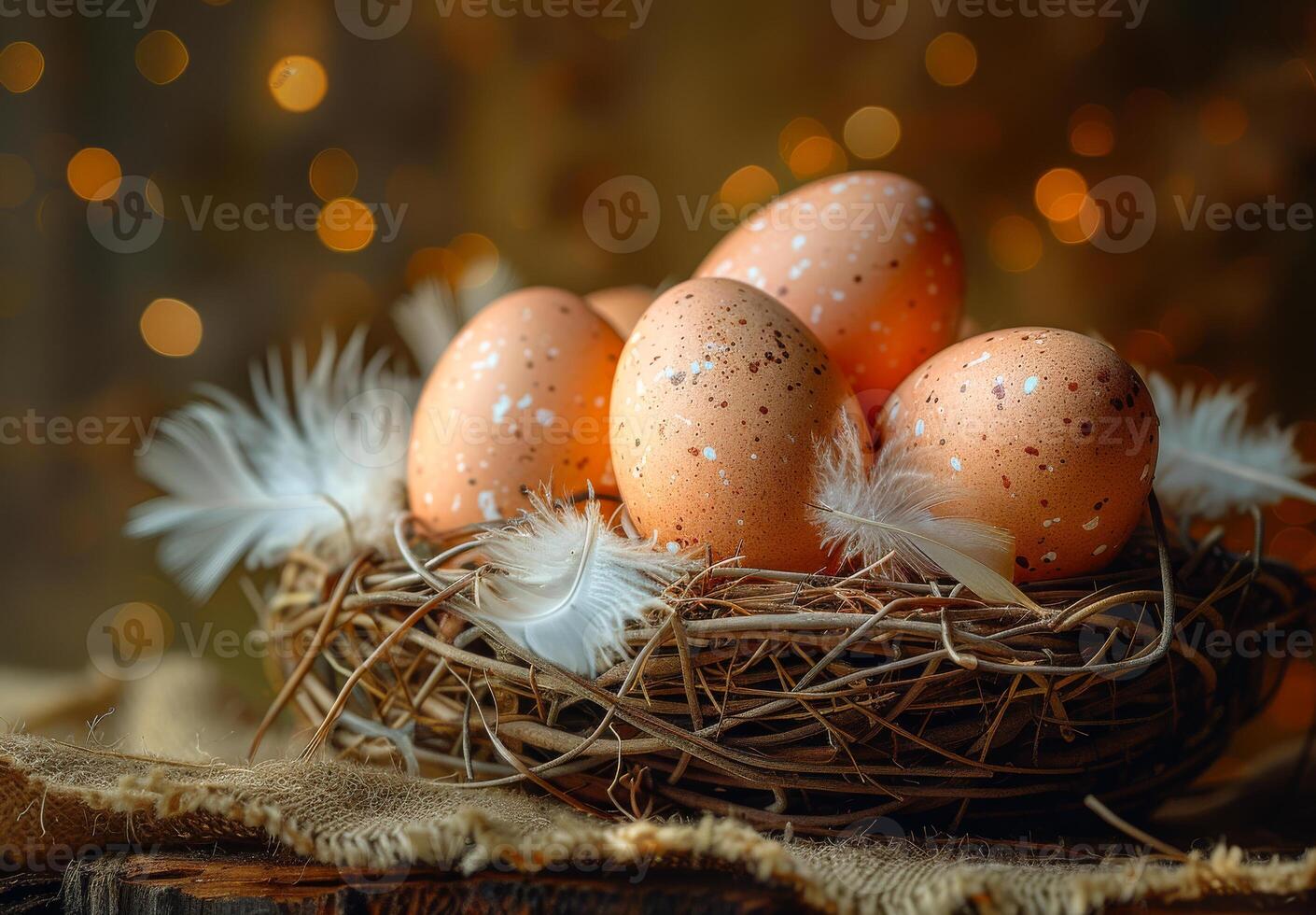 Easter eggs in nest on blurred background of golden bokeh photo
