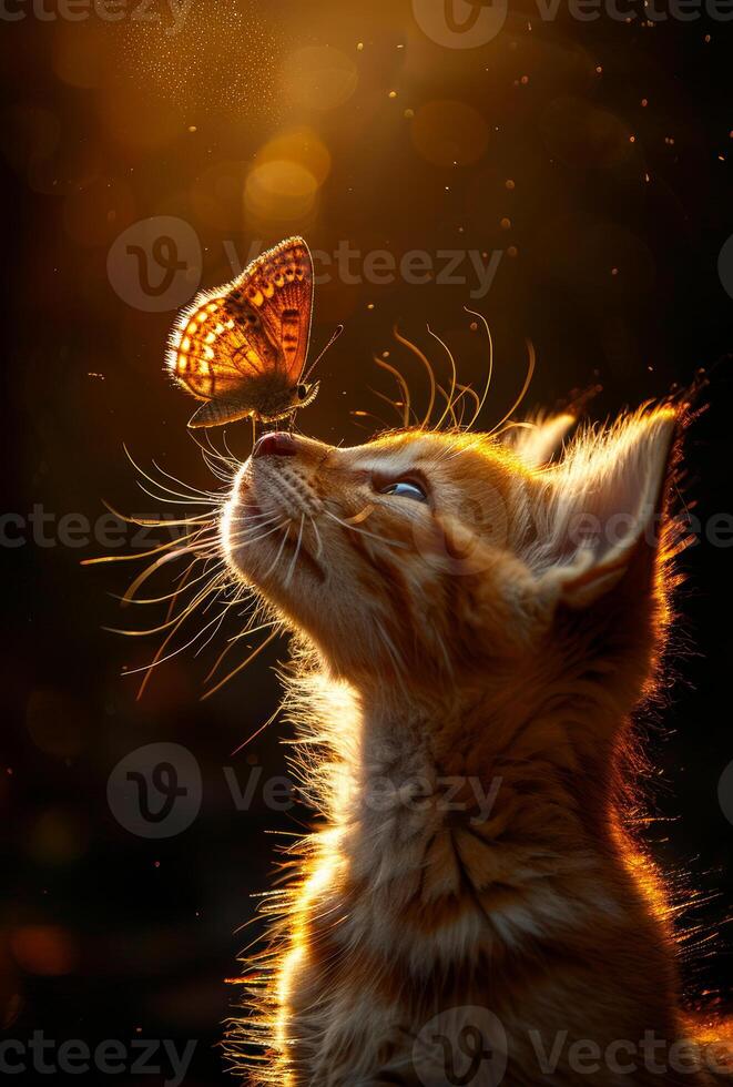 Cute little kitten plays with butterfly in summer in the park. photo