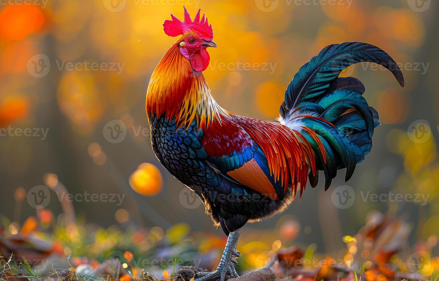 Rooster or Fighting cock in the forest in autumn photo