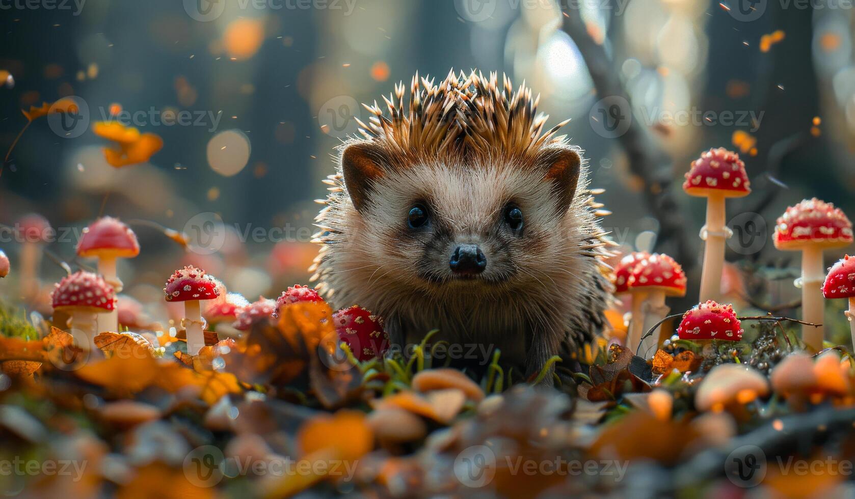 Hedgehog is walking in the forest at autumn. Attractive forest animal with orange maple leaves. photo