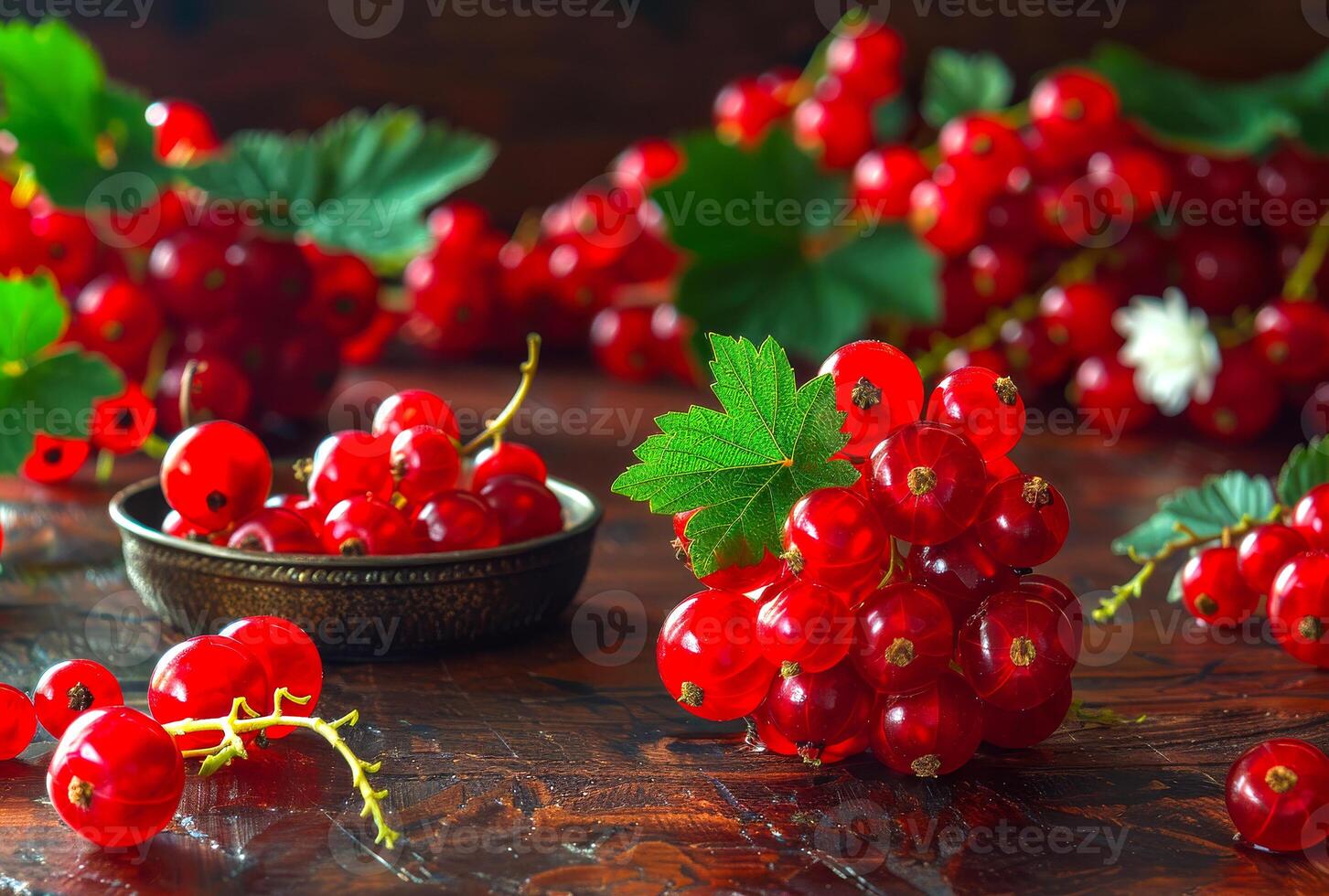Red currants in bowl on dark rustic wooden table photo