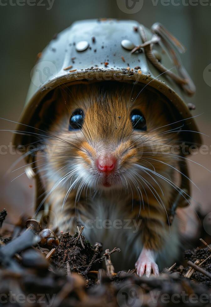 Hamster in helmet. Mouse is wearing helmet and peeking out of the hole. photo