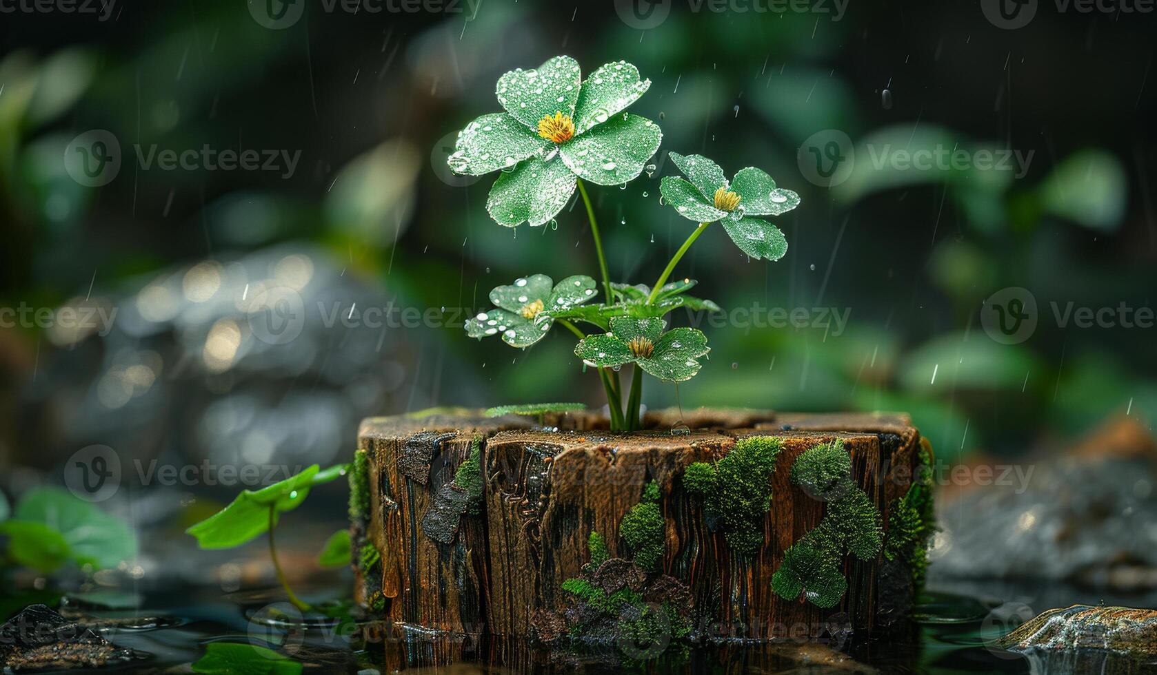 Small tree and green plants on stump in the rain photo