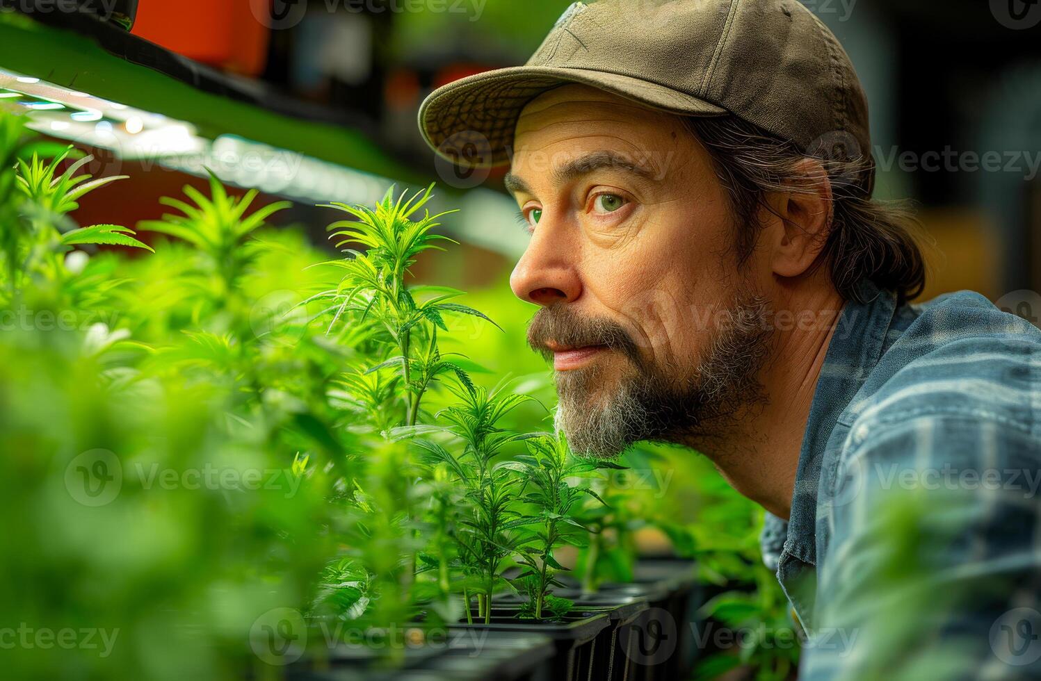 Man looks at marijuana plants in grow room. photo