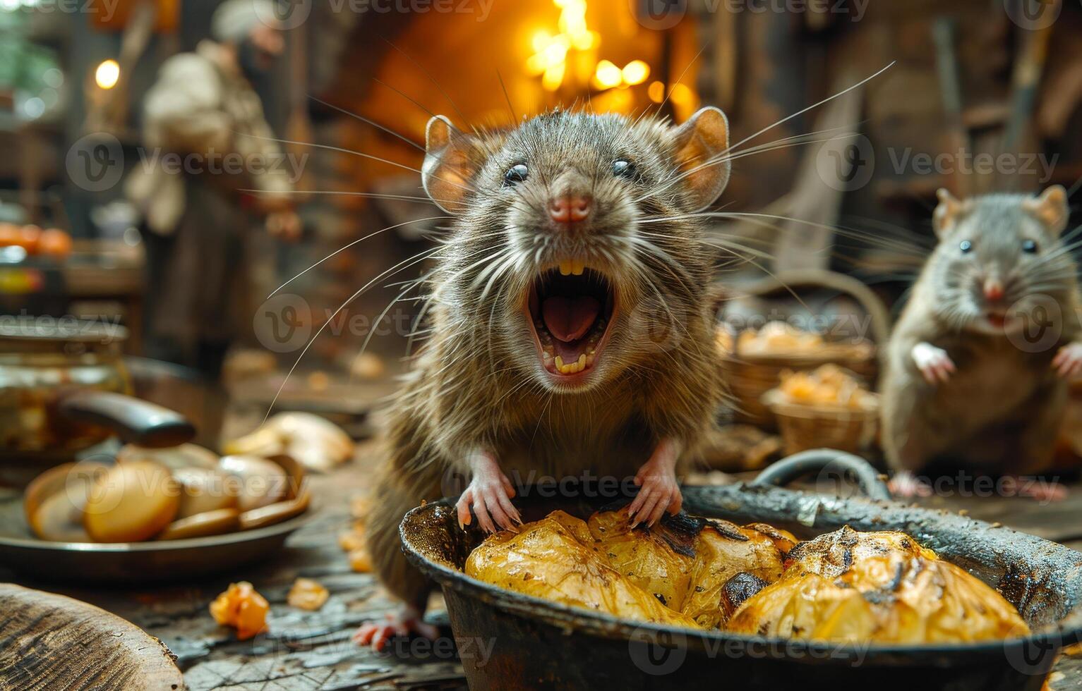 Three rats are looking for food in the kitchen. photo