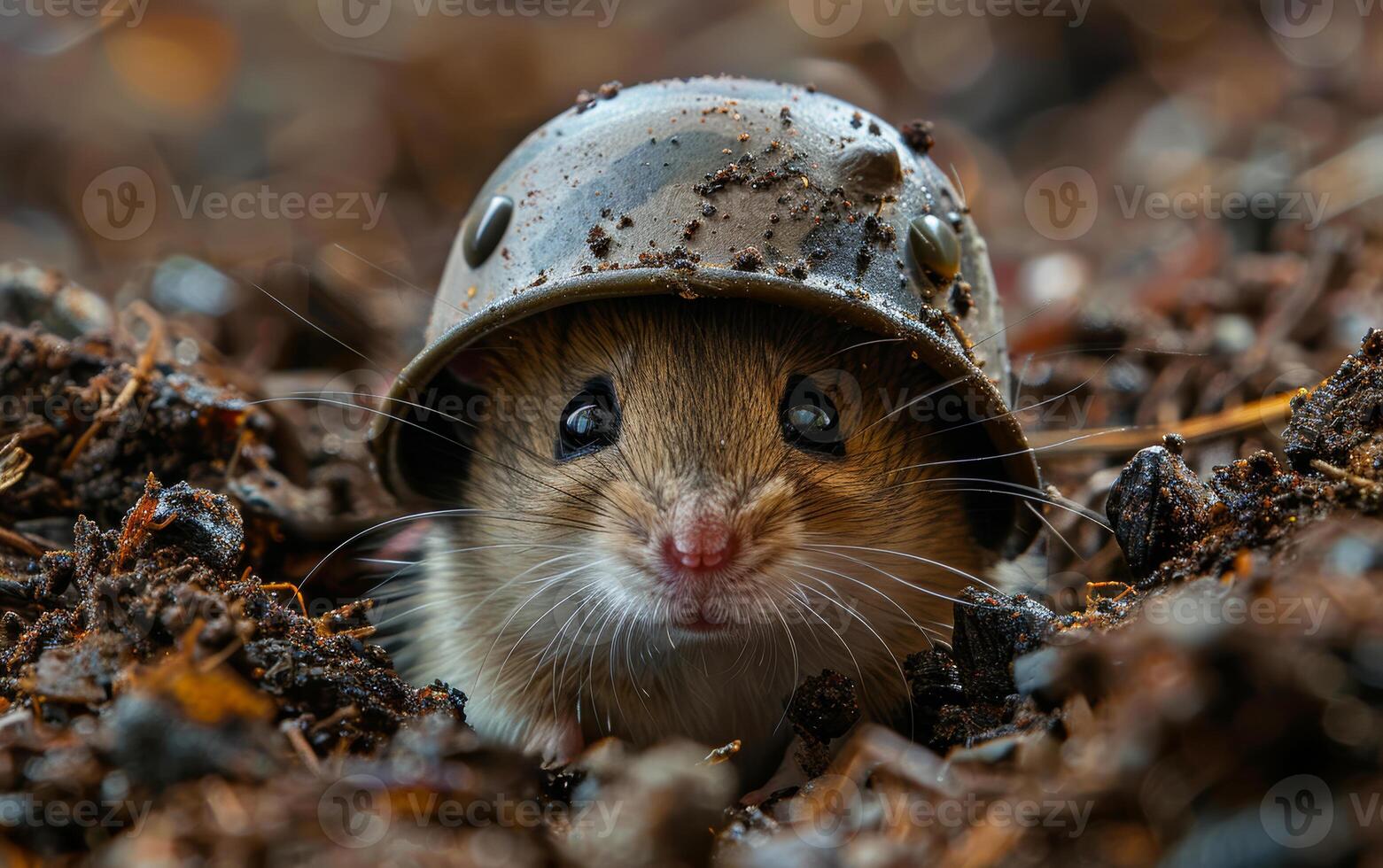 Wild Wood mouse hiding in the forest with helmet photo