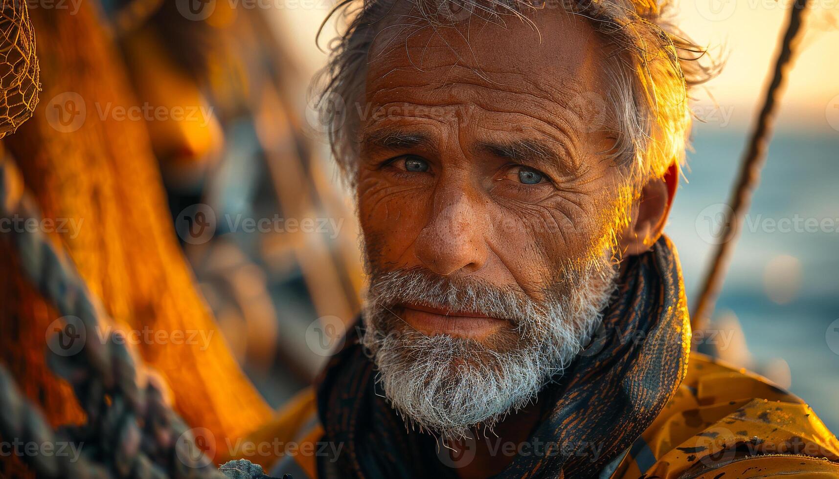 Portrait of old fisherman with gray beard and mustache on the deck of his fishing boat at sunset photo