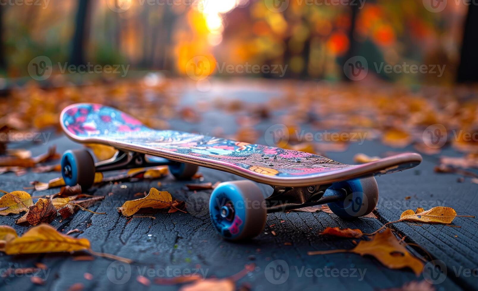 Skateboard on the street with autumn leaves photo