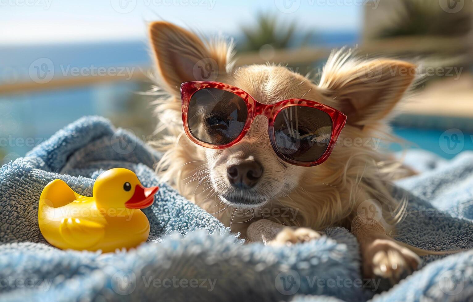 Chihuahua dog relaxing and resting lying on towel at the poolside while yellow plastic duck swims in the water in the background photo