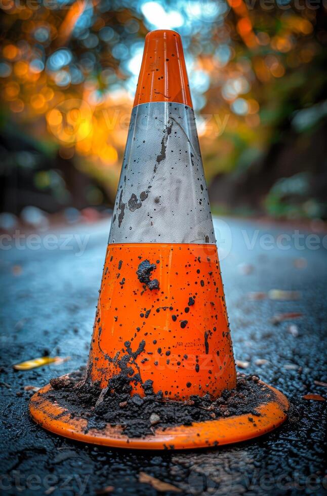 Orange traffic cone covered with mud on the road and trees in the background photo