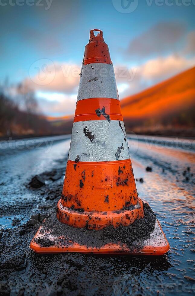 Road cone is placed on the road to prevent the dirt from being washed away by the rain photo
