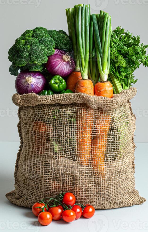 Fresh vegetables in burlap bag on white background photo