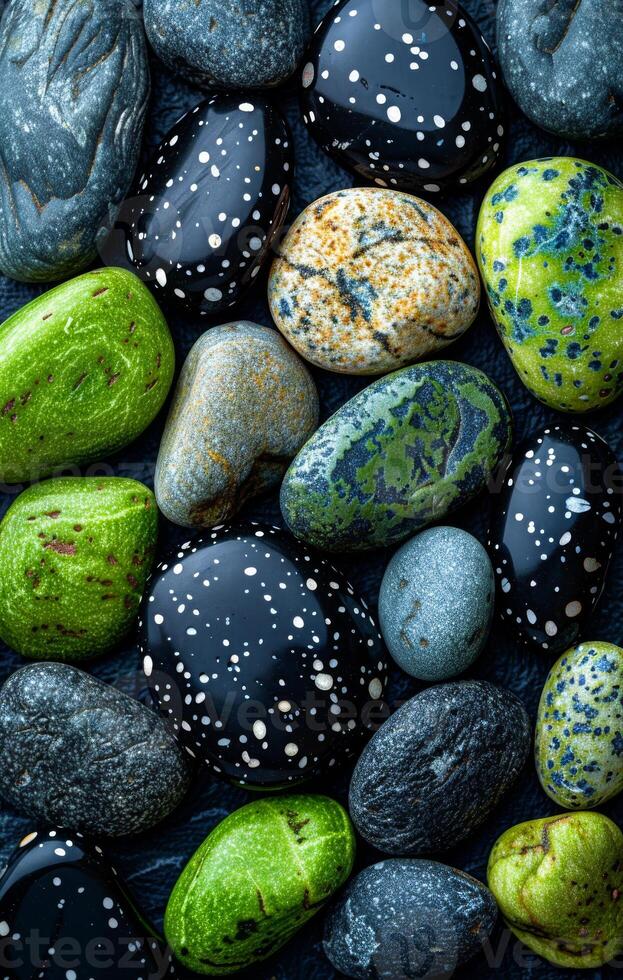 A collection of rocks with a green and black color scheme. The colors and patterns of the rocks create a visually interesting photo