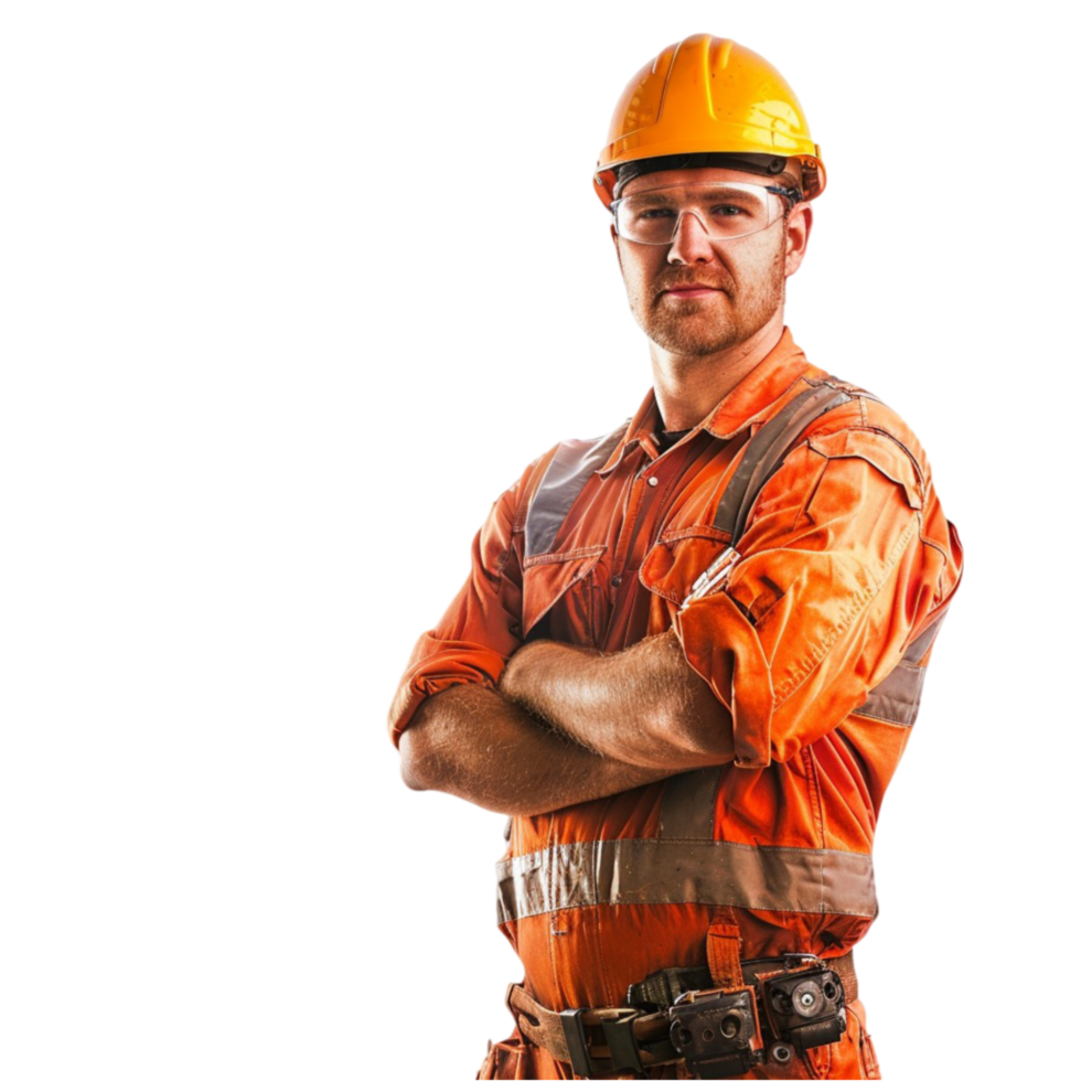 a man in an orange work uniform with his arms crossed png
