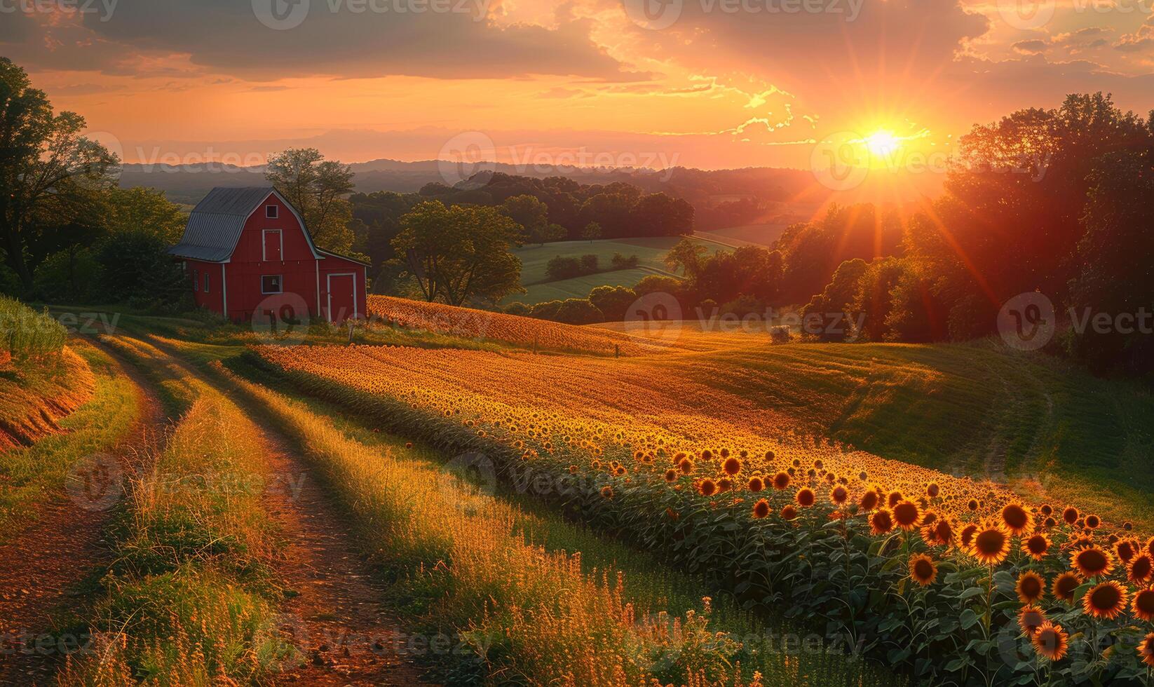 A red barn sits in a field of sunflowers. The sun is setting, casting a warm glow over the landscape photo