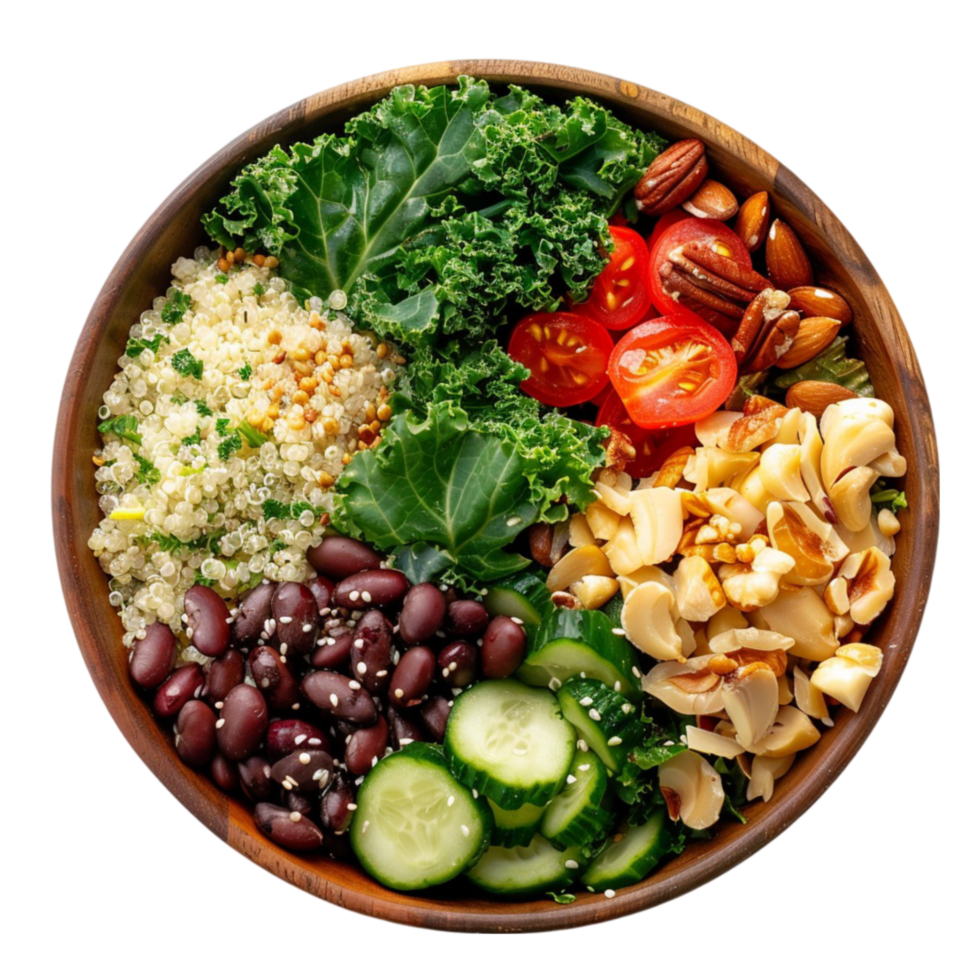 quinoa salad with black beans, kale, and nuts in a wooden bowl png