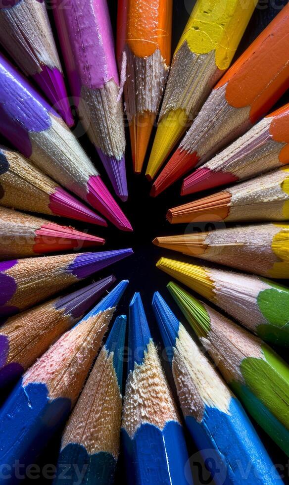 Colored pencils in circle on black background photo