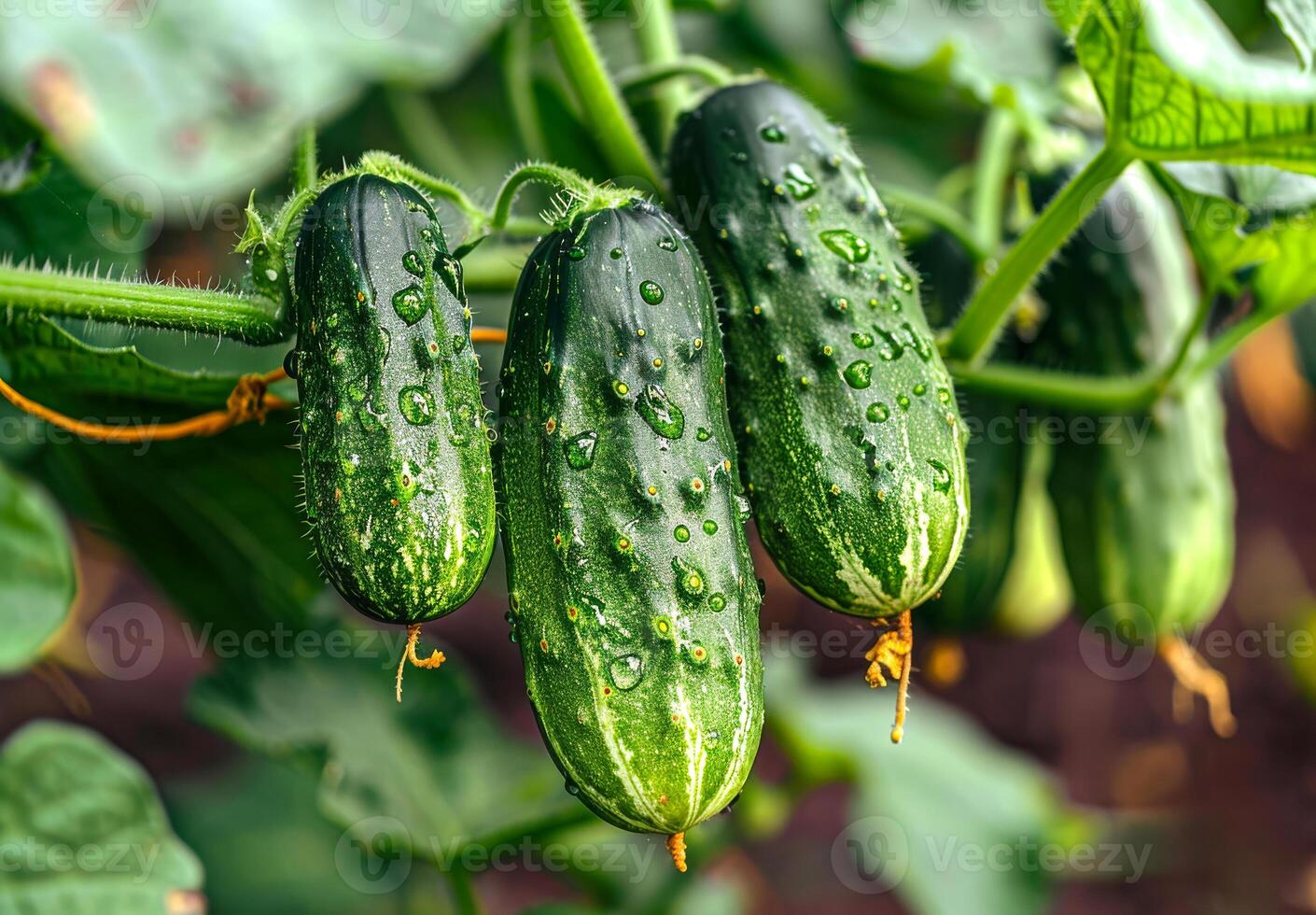 Cucumbers are growing on branch in greenhouse photo