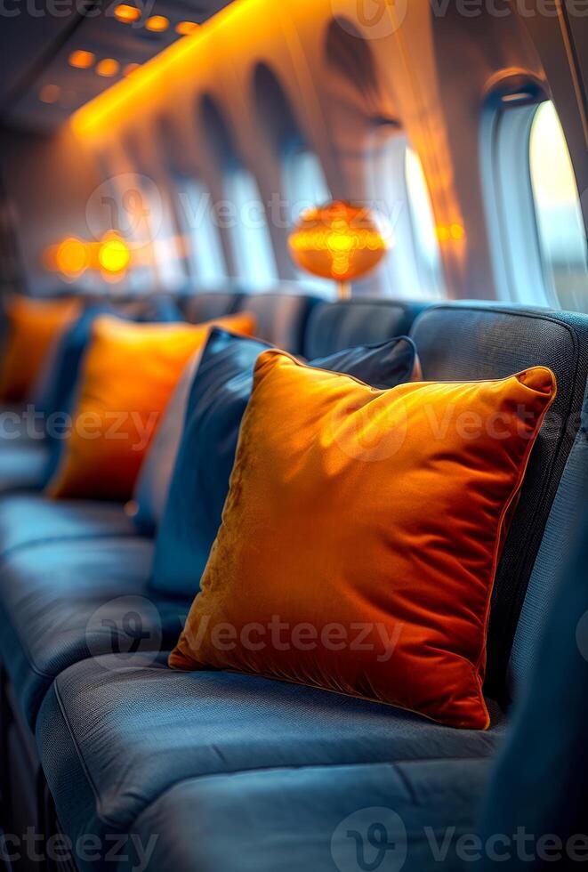 Colorful pillows on blue sofa in private jet photo